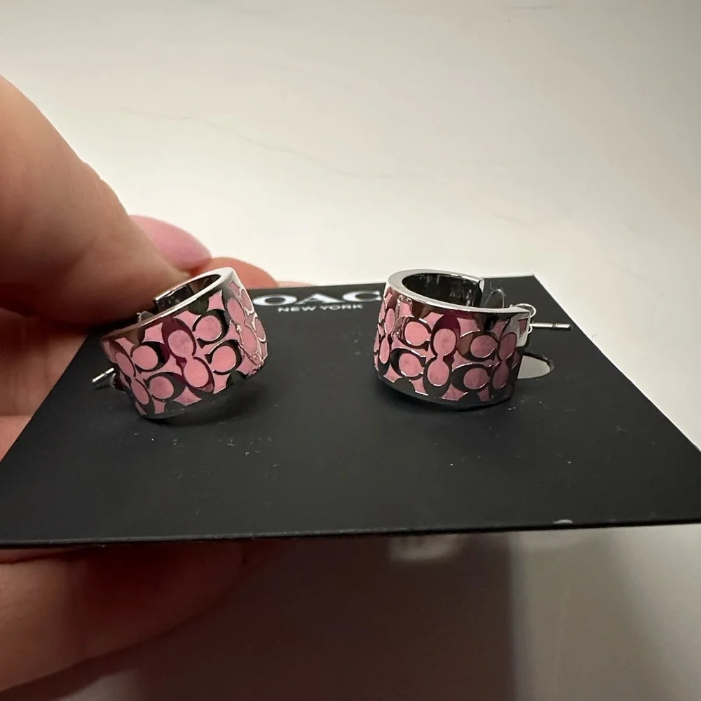 Coach NWT Silver and Pink Enamel Signature Small Huggie Hoops - Picture 6 of 10